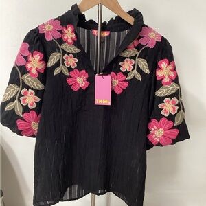 THML Black Blouse with Pink Floral Embroidery